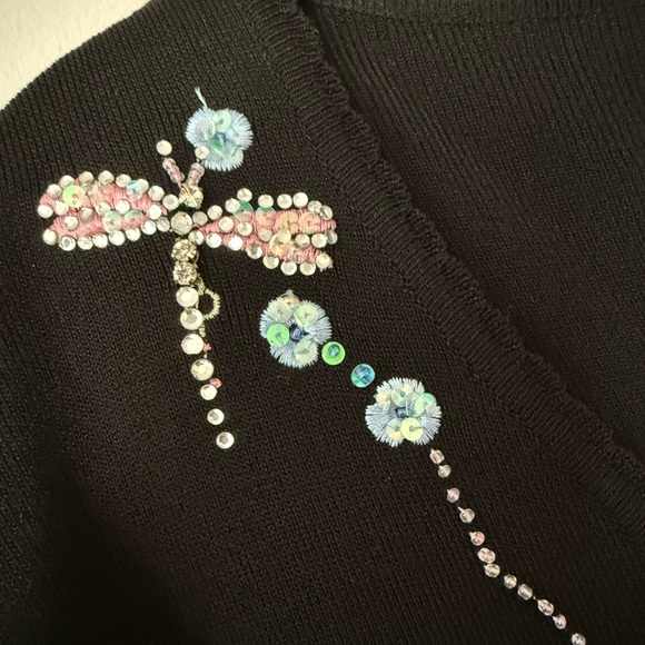 Vintage Black Cardigan Sweater Size XL Rhinestone Embroidered Dragonfly - Picture 10 of 17